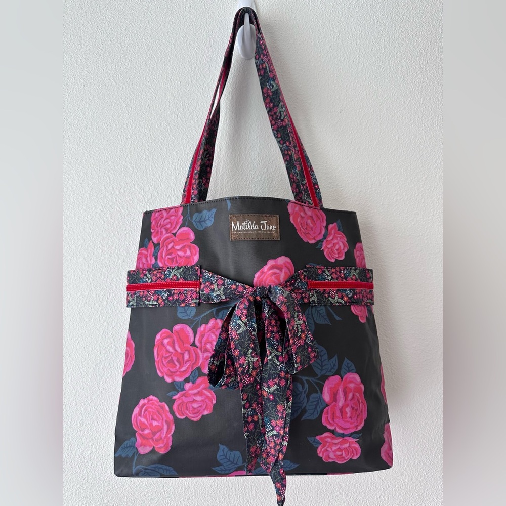 Matilda Jane Dark Grey Tote with Pink Roses and Floral Tie